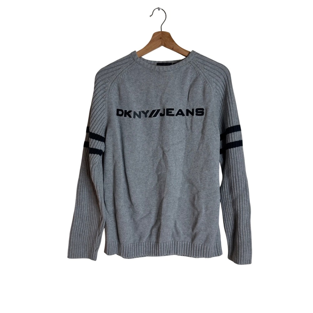 DKNY Jeans Women's Y2K Logo Crewneck Ribbed Sleeve Sweater Gray Large